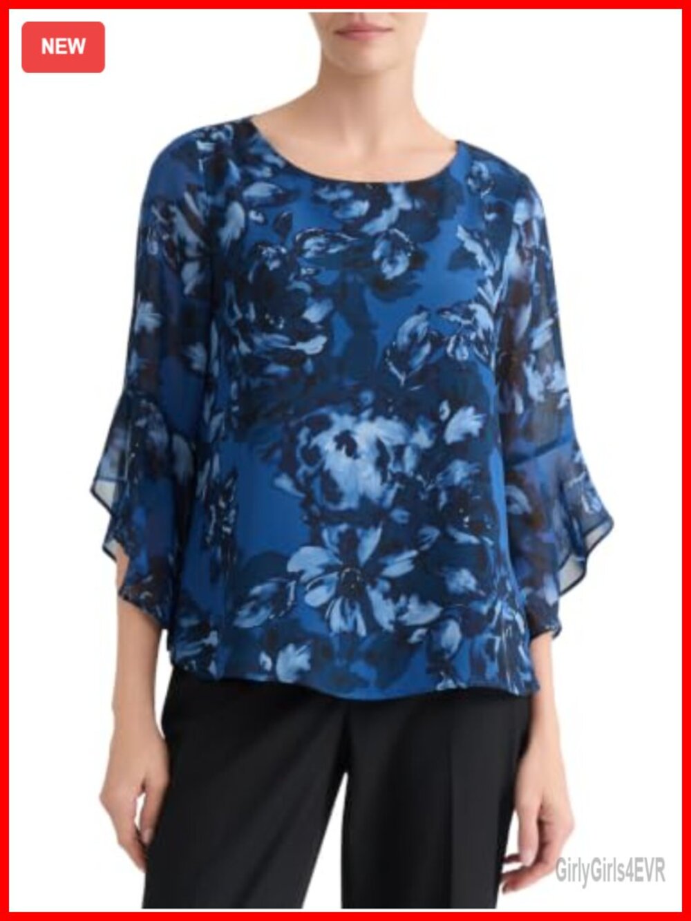 Ruffle Sleeve Floral Chiffon Blouse 3/4 Sleeve Pullover